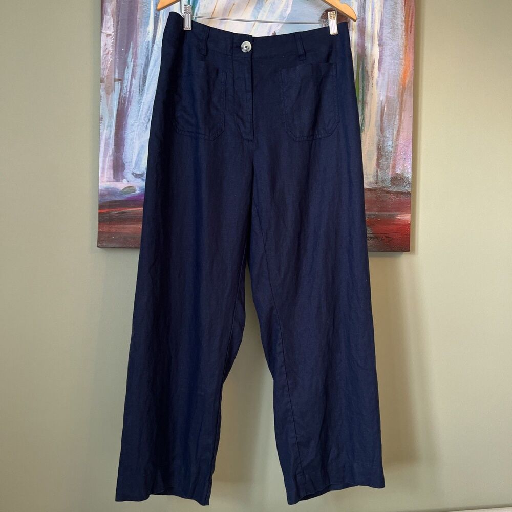 Quince 100% Linen Pants Women’s Size 12 French Blue Pull-On wide Leg Ankle
